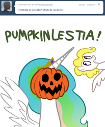 Size: 1000x1214 | Tagged: safe, artist:willdrawforfood1, princess celestia, surprise, alicorn, pony, g1, ask, ask surprise, g1 to g4, generation leap, jack-o-lantern, pumpkin, tumblr