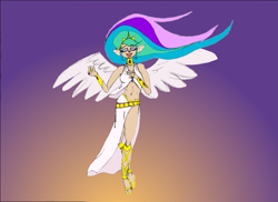 Size: 1169x850 | Tagged: safe, artist:jakewashere, princess celestia, belly button, belt, clothes, elf ears, eyes closed, feet, flying, humanized, midriff, open mouth, sandals, skirt, smiling, solo, spread wings