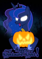 Size: 500x700 | Tagged: safe, artist:newerausher, princess luna, alicorn, pony, food, glowing eyes, jack-o-lantern, nightmare night, pumpkin, solo