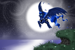 Size: 2400x1600 | Tagged: safe, artist:steedburst, princess luna, alicorn, pony, flying, grass, moon, night, solo, water