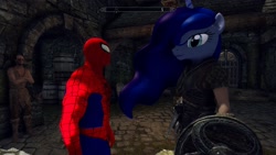 Size: 1920x1080 | Tagged: safe, princess luna, human, skyrim, spider-man, the elder scrolls