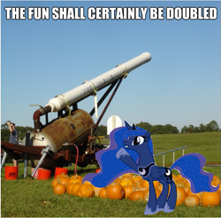 Size: 601x591 | Tagged: safe, artist:pinkiepizzles, princess luna, alicorn, pony, image macro, pumpkin, pumpkin cannon, punkin chunkin