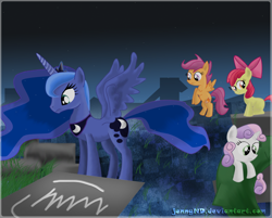 Size: 1196x960 | Tagged: safe, artist:jennynd, apple bloom, princess luna, scootaloo, sweetie belle, alicorn, pony, cutie mark crusaders