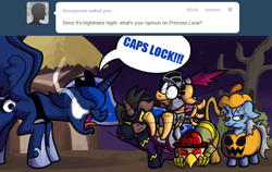 Size: 800x505 | Tagged: safe, artist:putuk, princess luna, oc, oc:loki ebonhoof, alicorn, pony, robot, ask, canterlock, caps lock, costume, loki, nightmare night, princess caps lock, scootabot, short circuit, tawny, traditional royal canterlot voice, tumblr