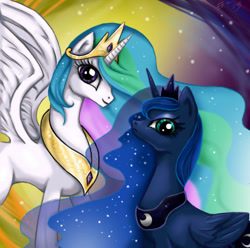 Size: 504x500 | Tagged: safe, artist:aliceinwonderland09, princess celestia, princess luna, alicorn, pony, big eyes, crown, female, horn, jewelry, mare, regalia, siblings, sisters