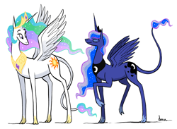 Size: 1000x730 | Tagged: safe, artist:pedantia, princess celestia, princess luna, alicorn, classical unicorn, pony, cloven hooves, duo, female, leonine tail, phoebe and her unicorn, prancing, signature, simple background, spread wings, white background, wings