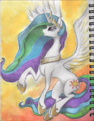 Size: 845x1087 | Tagged: safe, artist:benrusk, princess celestia, alicorn, pony, female, horn, mare, multicolored mane, solo, traditional art, white coat