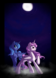 Size: 1000x1400 | Tagged: safe, artist:yokokinawa, princess celestia, princess luna, alicorn, pony, moon, night, pink-mane celestia, younger