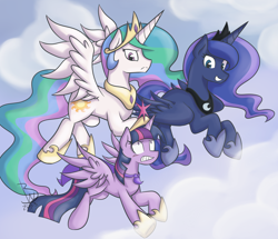 Size: 2536x2183 | Tagged: safe, artist:blackswhites, princess celestia, princess luna, twilight sparkle, twilight sparkle (alicorn), alicorn, pony, cape, clothes, cloud, cloudy, female, flying, mare