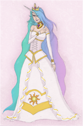 Size: 531x800 | Tagged: safe, artist:mara-ra-ra, princess celestia, clothes, dress, horned humanization, humanized, skinny, solo