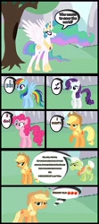 Size: 1024x2304 | Tagged: safe, artist:schocky, applejack, granny smith, pinkie pie, princess celestia, rainbow dash, rarity, alicorn, earth pony, pegasus, pony, unicorn, buy some apples, comic, mermaid man and barnacle boy v, parody, spongebob squarepants