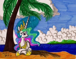 Size: 1543x1190 | Tagged: safe, artist:newyorkx3, princess celestia, alicorn, pony, beach, solo, traditional art