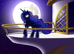 Size: 935x680 | Tagged: safe, artist:premuloki, princess luna, alicorn, pony, balcony, glow, glowing eyes, moon, night, solo