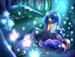 Size: 1024x768 | Tagged: safe, artist:madmax, princess luna, rainbow dash, alicorn, pegasus, pony, embrace, eyes closed, female, flower, forest, injured, lesbian, lunadash, magic, shipping, sparkles, story in the comments, tree