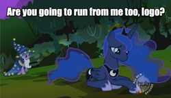 Size: 1101x629 | Tagged: safe, edit, edited screencap, screencap, princess luna, star swirl the bearded, twilight sparkle, unicorn twilight, alicorn, pony, unicorn, luna eclipsed, caption, female, hilarious in hindsight, hub logo, image macro, mare, sad, television logo joke, text