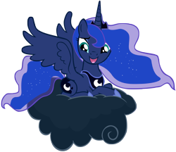 Size: 5000x4320 | Tagged: safe, artist:somepony, princess luna, alicorn, pony, luna eclipsed, absurd resolution, cloud, cute, cutie mark, ethereal mane, female, hooves, horn, jewelry, lunabetes, lying on a cloud, mare, on a cloud, open mouth, regalia, simple background, solo, spread wings, starry mane, tiara, transparent background, vector, wings