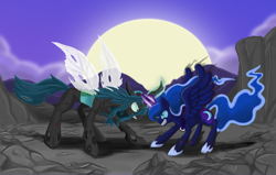 Size: 4000x2545 | Tagged: safe, artist:himanuts, princess luna, queen chrysalis, alicorn, changeling, changeling queen, pony, fight, nightmare luna