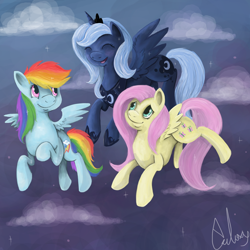 Size: 1800x1800 | Tagged: safe, artist:galaxy-station, fluttershy, princess luna, rainbow dash, alicorn, pegasus, pony, female, horn, mare