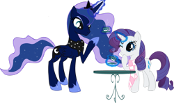 Size: 1024x607 | Tagged: safe, artist:wolfwind000, princess luna, rarity, alicorn, pony, unicorn, clothes, scarf, tea