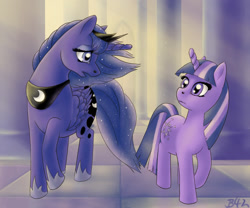 Size: 1024x853 | Tagged: safe, artist:brony4life, artist:bronybiscuitbites, princess luna, twilight sparkle, alicorn, pony, unicorn, crown, female, horn, jewelry, mare, regalia, wings