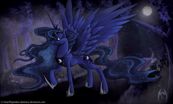 Size: 1020x617 | Tagged: safe, artist:legendary-darkness, princess luna, alicorn, pony, forest, moon, night, solo