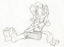 Size: 610x454 | Tagged: safe, artist:dertikleen, rarity, anthro, plantigrade anthro, barefoot, feet, foot fetish, looking at you, monochrome, sitting, smiling, traditional art