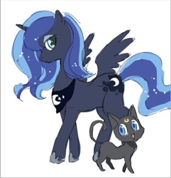 Size: 440x456 | Tagged: safe, artist:newrein, princess luna, alicorn, pony, colored pupils, crossover, cute, duo, luna (sailor moon), namesake, open mouth, sailor moon, simple background