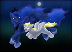 Size: 910x655 | Tagged: safe, artist:frugalfruit, derpy hooves, princess luna, alicorn, pegasus, pony, female, mare, moon, night