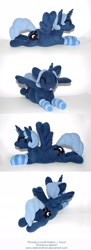 Size: 800x2209 | Tagged: safe, artist:merionminor, princess luna, clothes, doll, eyes closed, filly, irl, photo, plushie, prone, socks, solo, striped socks, toy