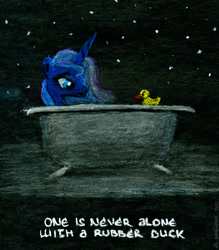 Size: 500x572 | Tagged: safe, artist:el-yeguero, princess luna, alicorn, pony, bath, bathtub, claw foot bathtub, female, hitchhiker's guide to the galaxy, mare, quote, rubber duck, text