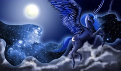 Size: 4500x2667 | Tagged: safe, artist:laffy-taffy247, princess luna, alicorn, horse, pony, cloud, cloudy, flying, moon, night, realistic, solo