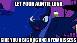 Size: 625x350 | Tagged: safe, edit, edited screencap, screencap, princess luna, alicorn, pony, luna eclipsed, bronybait, ethereal mane, female, hug, image macro, mare, misspelling, open mouth, smiling, spread wings, starry mane, wings