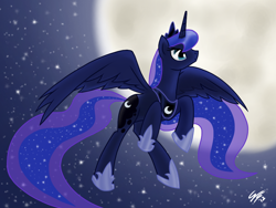 Size: 1024x768 | Tagged: safe, artist:gimmogear, princess luna, alicorn, pony, flying, moon, night, solo