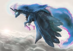 Size: 1832x1300 | Tagged: safe, artist:mylittlegodzilla, princess luna, alicorn, pony, flying, realistic, solo