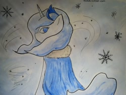 Size: 960x720 | Tagged: safe, artist:thekuto, princess luna, alicorn, pony, 30 minute art challenge, cloak, clothes, looking back, snow, snowfall, solo, traditional art