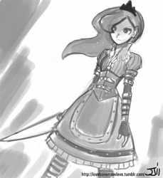 Size: 914x1000 | Tagged: safe, artist:johnjoseco, princess luna, human, alice in wonderland, alice madness returns, alice:madness returns, american mcgee's alice, crossover, grayscale, humanized, monochrome, solo, vorpal blade, weapon