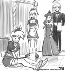 Size: 914x1000 | Tagged: safe, artist:johnjoseco, big macintosh, derpy hooves, princess luna, rainbow dash, human, butt scootin', clothes, grayscale, humanized, maid, monochrome