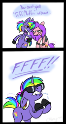 Size: 809x1504 | Tagged: safe, artist:calicopikachu, oc, oc only, comic, my little headshotz, rainbow blast, the ass was fat, tuff muffin, tuffmuffin