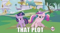 Size: 844x464 | Tagged: safe, edit, edited screencap, screencap, princess cadance, twilight sparkle, unicorn twilight, alicorn, pony, unicorn, bedroom eyes, bow, butt shake, dat butt, duo, duo female, female, filly, filly twilight sparkle, hair bow, image macro, implied lesbian, implied shipping, implied twidance, looking at each other, looking back, mare, meme, plot, raised tail, sunshine sunshine, tail, tail aside, tail bow, teen princess cadance, the ass was fat, younger