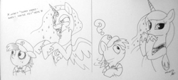 Size: 945x429 | Tagged: safe, artist:carykaiba, artist:goldencheesebun, nightmare moon, pipsqueak, princess luna, alicorn, pony, costume, crossover, hat, monochrome, peekaboo, super mario bros.