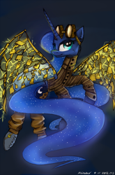 Size: 790x1200 | Tagged: safe, artist:kairaanix, princess luna, alicorn, pony, goggles, solo, steampunk