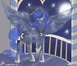 Size: 1097x940 | Tagged: safe, artist:tlatophat, princess luna, alicorn, pony, alternate hairstyle, balcony, crystallized, moon, raised hoof, solo