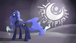 Size: 1280x730 | Tagged: safe, artist:stupidyou3, princess luna, alicorn, pony, glowing eyes, moon, solo