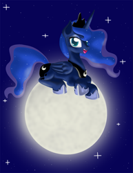 Size: 825x1068 | Tagged: safe, artist:sakaerion, princess luna, alicorn, pony, happy, moon, prone, smiling, solo, tangible heavenly object