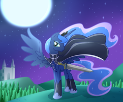 Size: 1800x1500 | Tagged: safe, artist:madmax, princess luna, alicorn, pony, cloak, clothes, moon, night, solo, sword, weapon