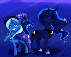 Size: 2000x1600 | Tagged: safe, artist:ereb-tauramandil, princess luna, trixie, alicorn, pony, unicorn, blue background, cape, crown, duo, duo female, eyes closed, female, hat, horn, mare, open mouth, raised hoof, signature, simple background, smiling, trixie's cape, trixie's hat