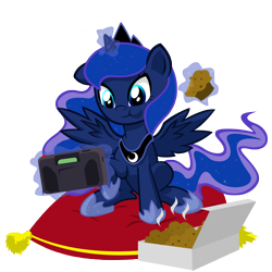 Size: 5000x5000 | Tagged: safe, artist:danmakuman, princess luna, alicorn, pony, absurd resolution, cute, food, gamer luna, lunabetes, muffin, pillow, simple background, sitting, solo, transparent background, vector