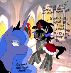 Size: 816x842 | Tagged: safe, artist:musapan, king sombra, princess luna, alicorn, pony, unicorn, spoiler:s03, alcohol, drunk, go home you're drunk, wat