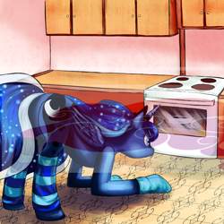 Size: 900x900 | Tagged: safe, artist:hell00001, princess luna, alicorn, pony, baking, clothes, oven, socks, solo, striped socks