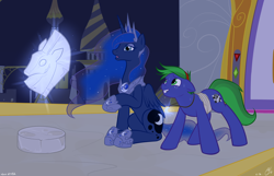 Size: 1280x825 | Tagged: safe, artist:cobaltsnow, princess luna, oc, oc:check mate, alicorn, pony, bandage, canterlot, injured, jewelry, magic, pendant, statue, telekinesis